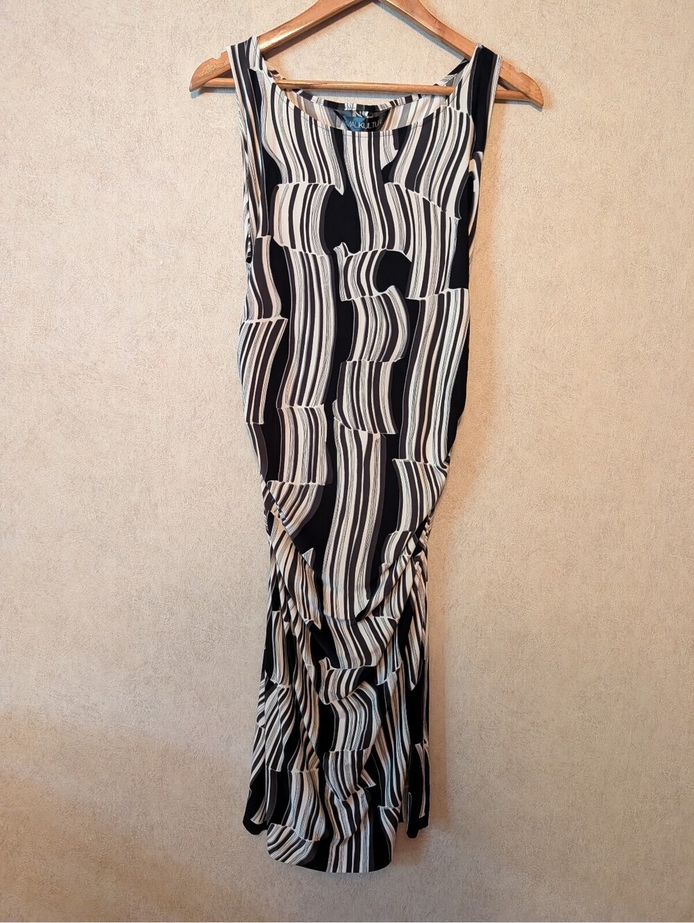 KAMALI KULTURE black white geometric pattern ruched mini dress sz L
